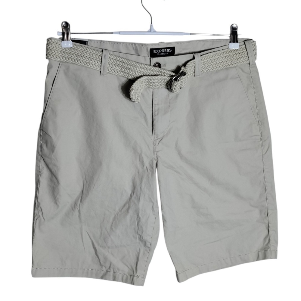Express Mens Classic Fit Chino Shorts with Belt Light Gray Size 33 10in Inseam